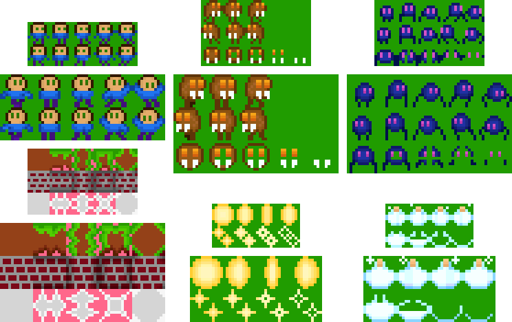 The full set of sprites made for Super Overachiever 42000 Deluxe.