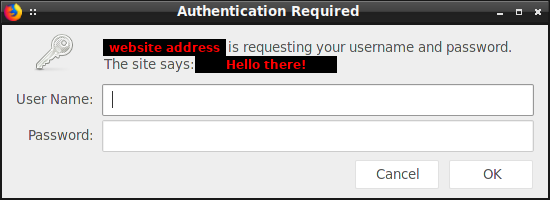 A browser window asking to provide the HTTP basic auth credentials.
